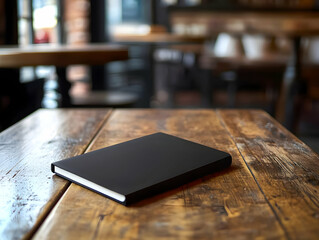 A sleek black notebook resting on a wooden table in a cozy cafe setting, perfect for writing and creativity.
