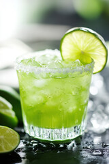 Refreshing green cocktail with ice and a lime slice garnished with salt on the rim, set against a blurred background.