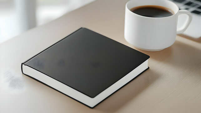 A sleek black notebook rests on a desk beside a steaming cup of coffee, creating a perfect scene for creativity and productivity.