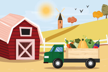 Naklejka premium Landscape of a red barn, green truck loaded with vegetables, windmill, trees, and birds, harvest theme