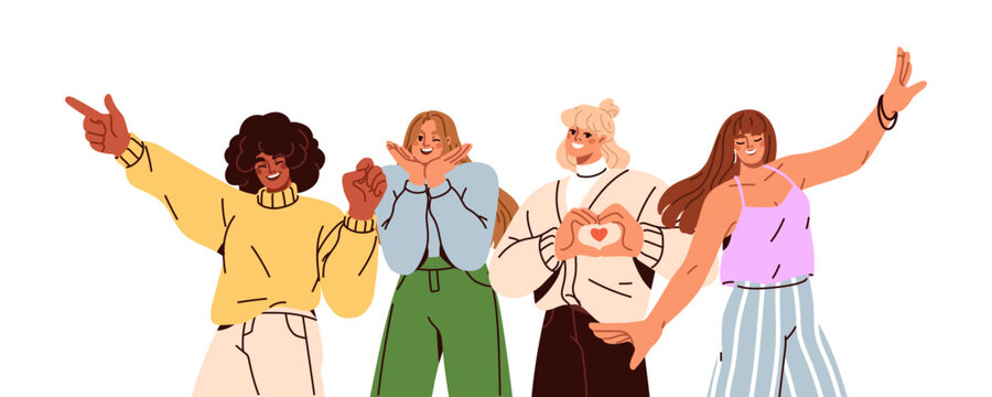 Happy young women group, posing together, smiling with joyful expressions. Female friends standing, gesturing. Cheerful excited positive girls. Flat vector illustration isolated on white background