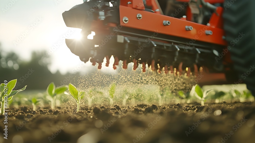 Aufkleber image of a precision planter machine meticulously depositing seeds in perfect evenly spaced rows on an agricultural field