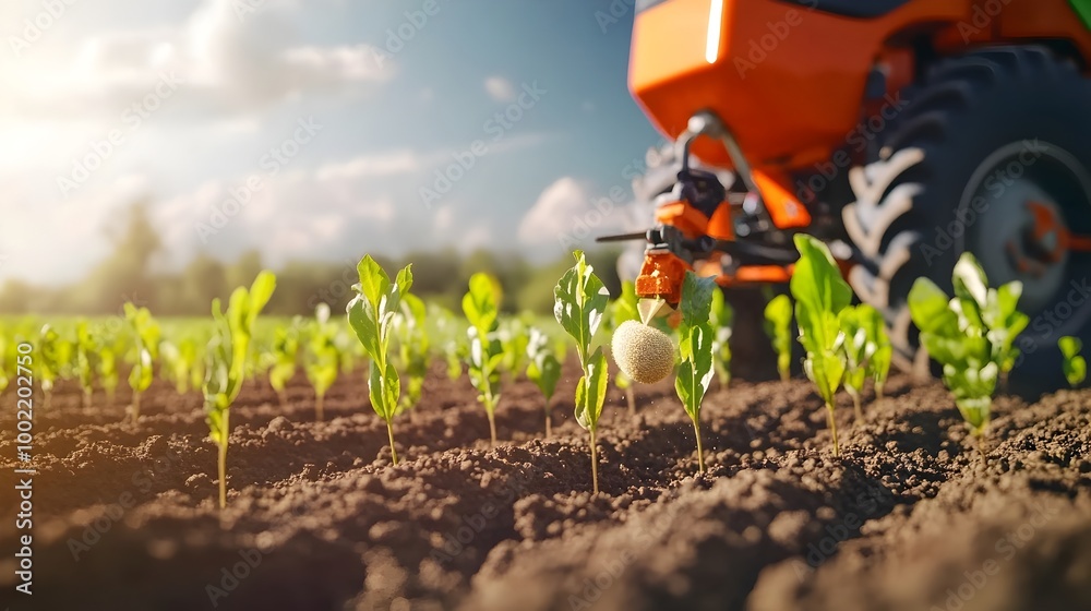 Poster image of a precision planter machine accurately depositing seeds in perfect rows on a vast agricultural field showcasing advanced farming technology and efficient crop cultivation