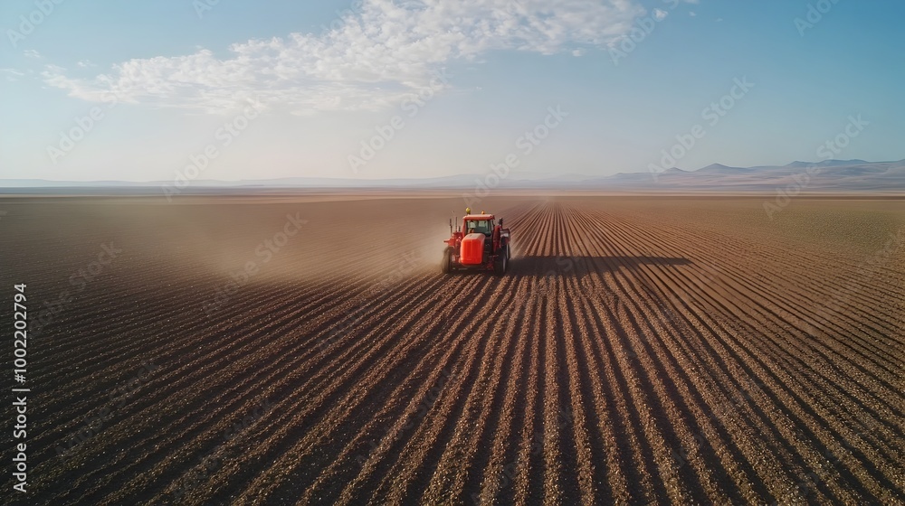 Poster image of a sophisticated precision planter machine precisely depositing seeds in perfect parallel rows on a cultivated farmland or agricultural field
