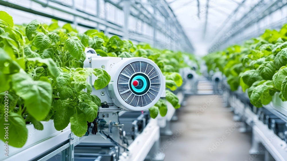 Poster image of an automatic greenhouse climate control system featuring various sensors and fans for preci