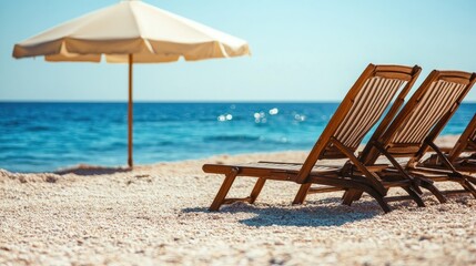 Empty beach chairs and umbrellas on a quiet holiday shore, leaving space for text.