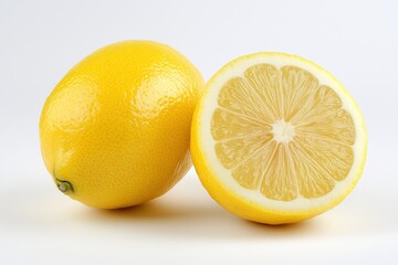 A whole lemon and half a lemon on a white background.