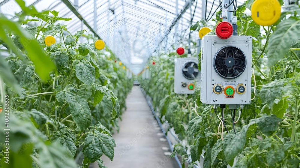 Poster image showcasing the advanced sensors and fans of an automatic greenhouse climate control system des