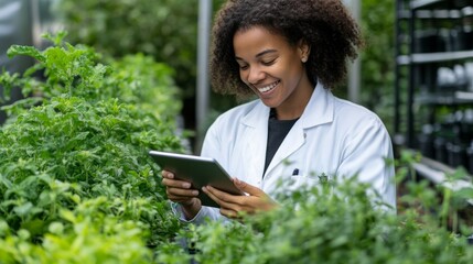 Fototapeta premium Smiling Woman in Lab Coat Using Tablet in Greenhouse