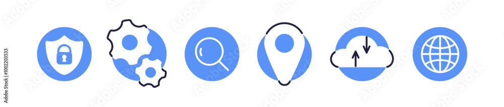 Poster technology icons set. internet, digital tech symbols. security shield, setting gears, searching magn