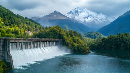 Fototapeta premium A stunning landscape featuring a dam, flowing water, lush trees, and snow-capped mountains under a cloudy sky.
