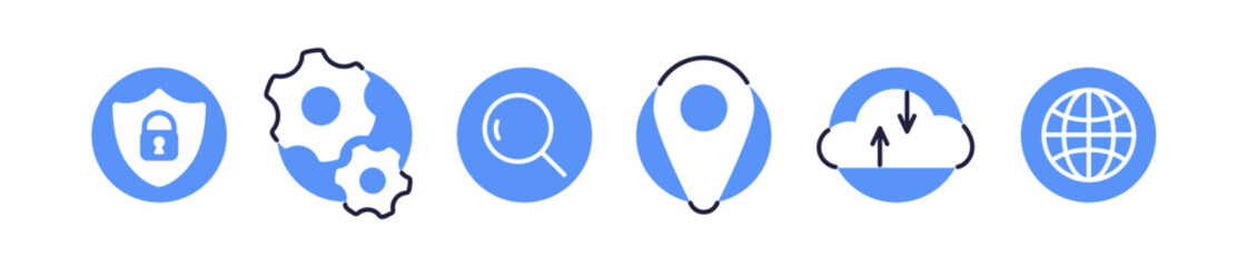 Obraz premium Technology icons set. Internet, digital tech symbols. Security shield, setting gears, searching magnifying glass, online cloud, GPS and globe. Flat vector illustrations isolated on white background