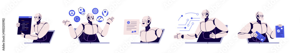 Fototapete AI and machine learning concept set. Chatbot and digital assistant. Automated chat bot, smart virtual robot, artificial intelligence technology. Flat vector illustration isolated on white background