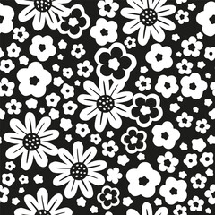 Black and white messy seamless floral pattern. Monochrome botanical tiny flowers and leaves, spring season background, vector seamless pattern