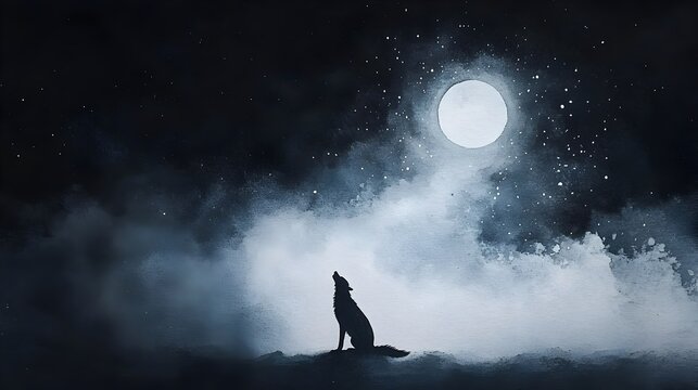 Lone wolf silhouette howling up at the ethereal full moon in a moody inky night sky with soft atmospheric ink washes blending into the darkness