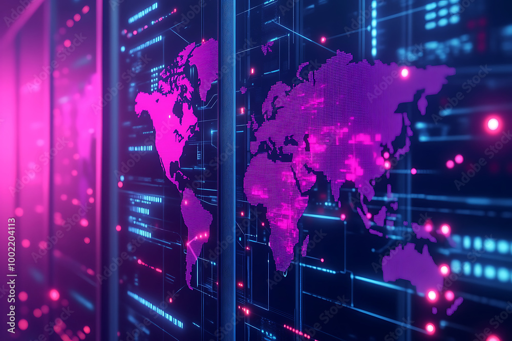 Poster digital world map with abstract data visualization in vibrant colors.