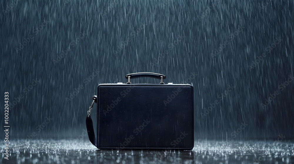 Poster Lone sleek and elegant black briefcase standing resolute as heavy rain pours down in a dramatic abstract setting with sharp lines of cascading water droplets surrounding the professional accessory