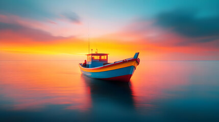 Fototapeta premium A tranquil scene of a colorful boat floating on calm waters during a vibrant sunset, showcasing serene beauty and nature.