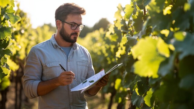 A Young Man Taking Notes in a Grape Vineyard