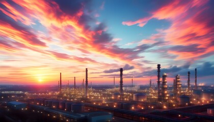 Dreamy Industrial Sunset Over Oil Refinery with Smokestacks and Tanks Against a Magenta and Azure Sky in a Wide-Angle View