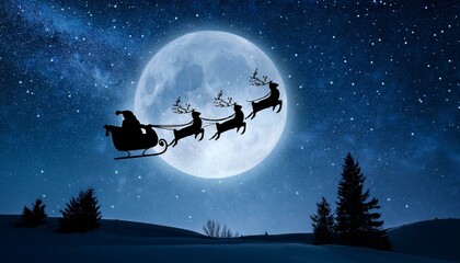 A starry night sky with the silhouette of Santa's sleigh and reindeer flying across the moon, as snowflakes gently fall to the ground.