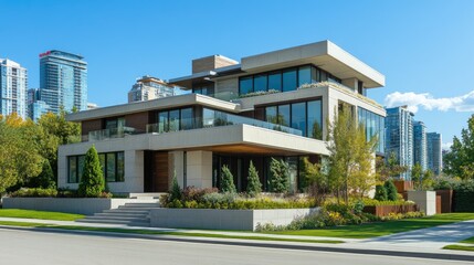 Large city house with modern design, leaving ample space for text in the clear sky.