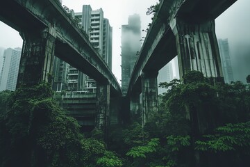 Fototapeta premium Frontal view of a dystopian cityscape, minimalist architecture, overgrown vegetation, muted colors, haunting atmosphere