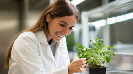 A Woman in a White Coat Examining a Plant in a Laboratory