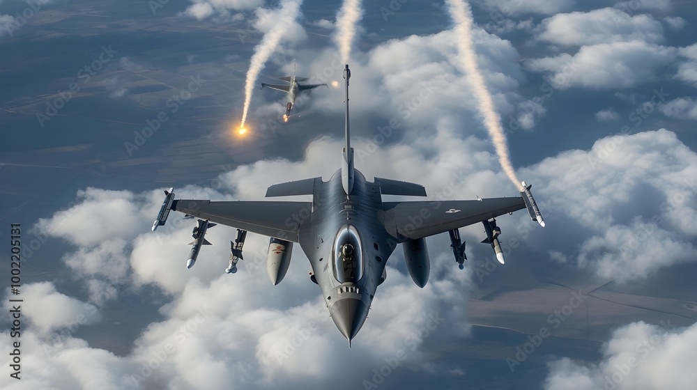 Poster Maneuvering Fighter Jets Weaving Through Cloudy Skies in High Speed Aerial Pursuit