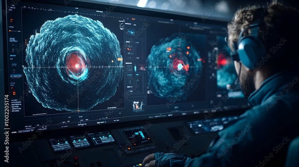 Aufkleber Maritime Radar Display Visualizing Deep Ocean Current Patterns and Oceanographic Readings for Marine Research Monitoring and Environmental Analysis