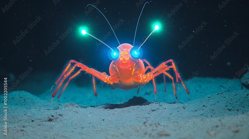 Poster Mesmerizing image of a deep sea crustacean with enchanting glowing antennae and a captivating segmented reflective body