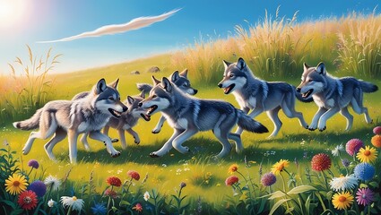 Experience the lighthearted charm of nature with this captivating image of young wolves playing in a vibrant meadow filled with wildflowers. 