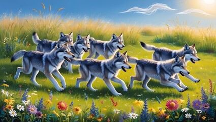 Experience the lighthearted charm of nature with this captivating image of young wolves playing in a vibrant meadow filled with wildflowers. 