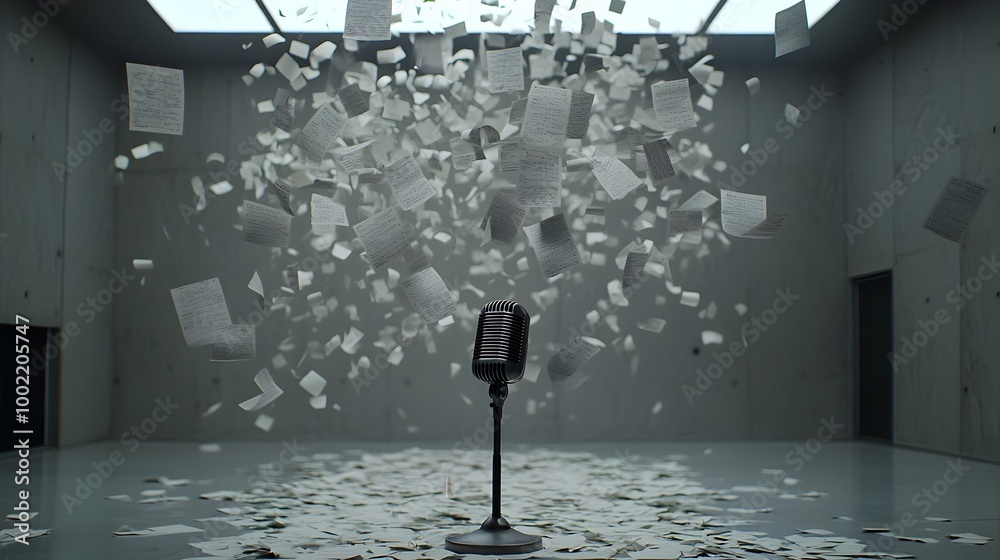 Poster Microphone enveloped in a whirlwind of floating paper sheets creating a dynamic and abstract visual effect  The image represents the concept of communication technology and creative expression