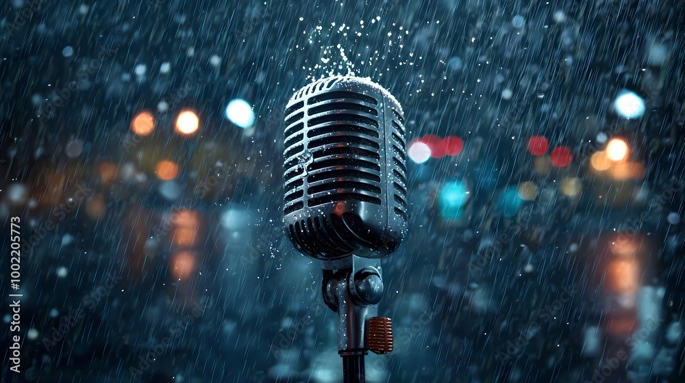 Poster Microphone Captivated in a Rainstorm with Backlit Raindrops   A dramatic and captivating image showcasing a microphone at the center of a rainstorm with raindrops splashing against it