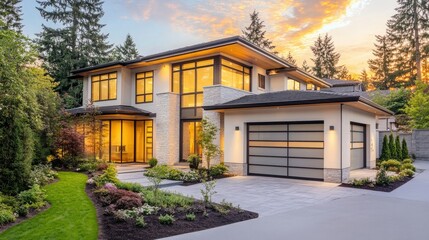Fototapeta premium Modern family home with a clean exterior and room for copy in the sky.
