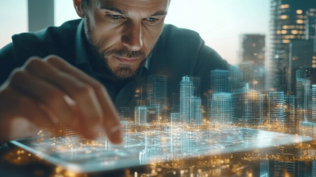 Man Interacting with a Holographic Cityscape on a Tablet