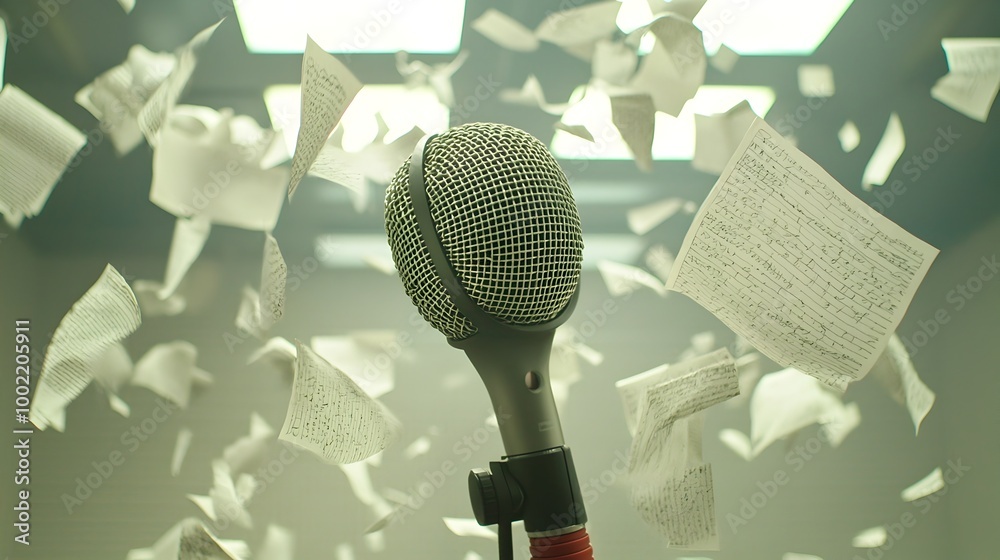 Aufkleber Microphone Surrounded by Floating Papers in Wind Tunnel Creating a Whirlwind Effect for Creative and Multimedia Concepts