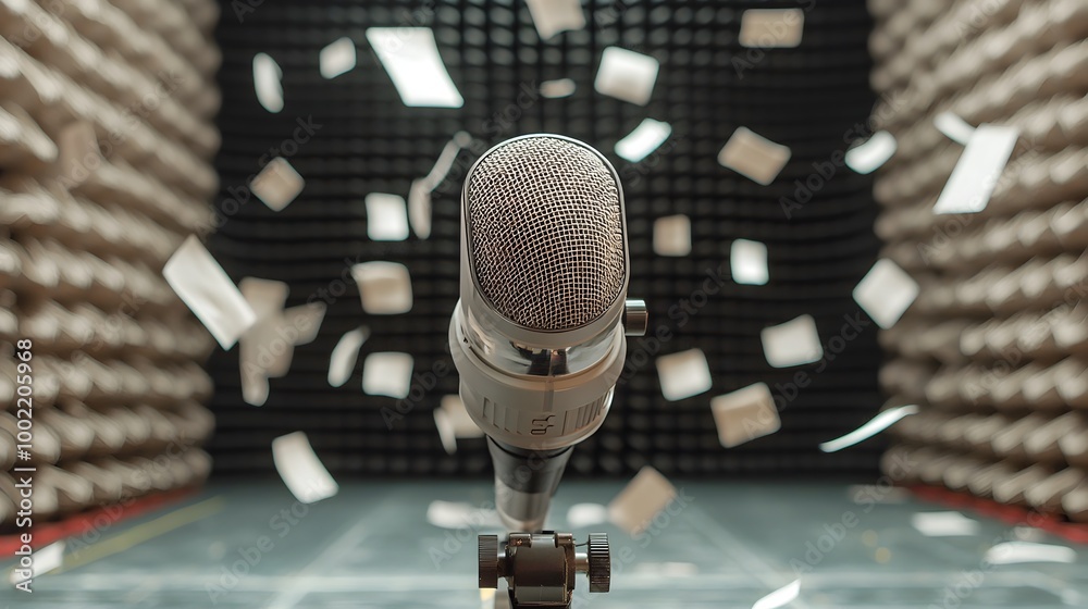 Poster Microphone surrounded by floating sheets of paper in a wind tunnel creating a whirlwind effect that symbolizes creativity innovation and the dynamic nature of audio technology and media production
