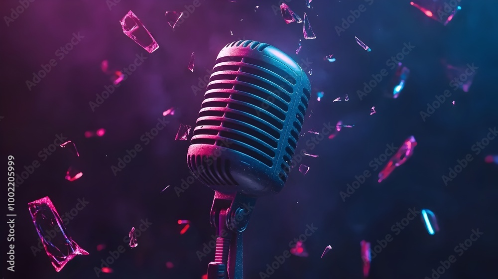 Leinwandbilder microphone surrounded by shattered neon light tubes creating a burst of vibrant colors and energetic