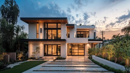 Modern family home with a clean exterior and room for copy in the sky.