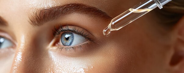 Close-up shot of a woman's face showcasing a focus on the eye with serum application for skin care and beauty routines