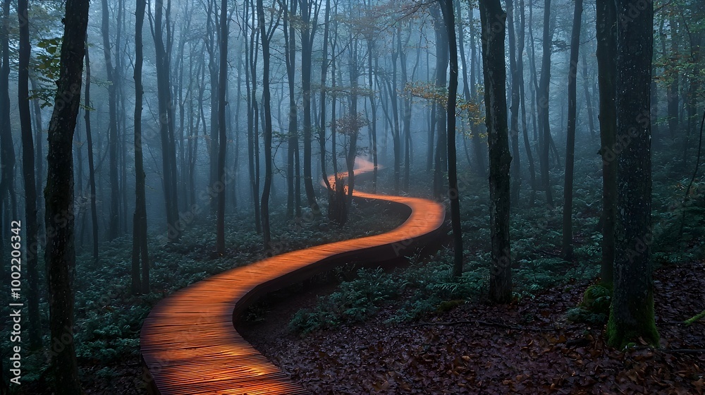 Poster misty forest with a glowing pathway emerging symbolizing clarity and direction amidst uncertainty an