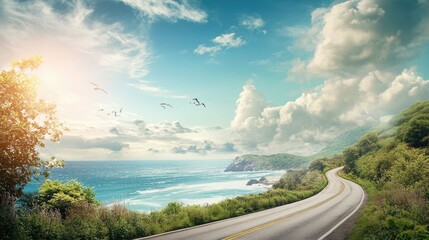 Scenic coastal road perfect for a holiday drive, leaving room for copy in the sky.