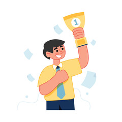 Vector of worker man become best employee showing his trophy up in the air