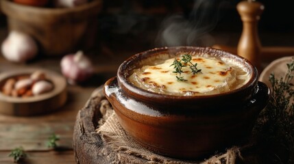 Winter Soup Banner with Rustic French Onion Soup and Room for Text
