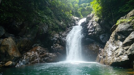 Naklejka premium Scenic waterfall in a tropical holiday destination, leaving ample room for copy.