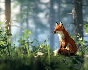 Fototapeta premium Curious Virtual Pet Fox Roaming Lush Forest Environment