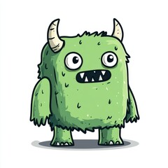 Fototapeta premium A cute green monster character with horns and big eyes, perfect for children's illustrations and playful designs.