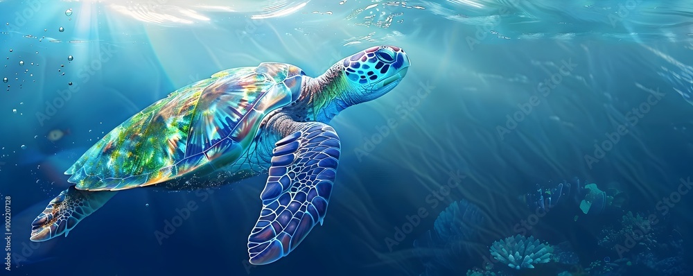 Wall mural virtual sea turtle explores vibrant underwater ocean world with customizable shell patterns